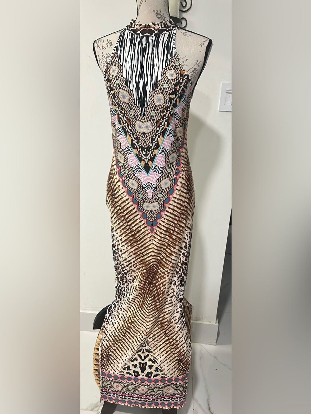 VENUS Brown Animal-Print Maxi Dress with Pink & Blue Accents High Neck Open Back